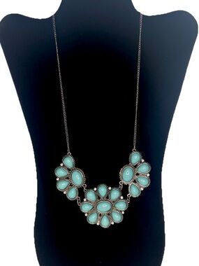 Vintage Necklace Silvertone Turquoise Cowgirl Western Joe Boxer Y2K Bib Boho